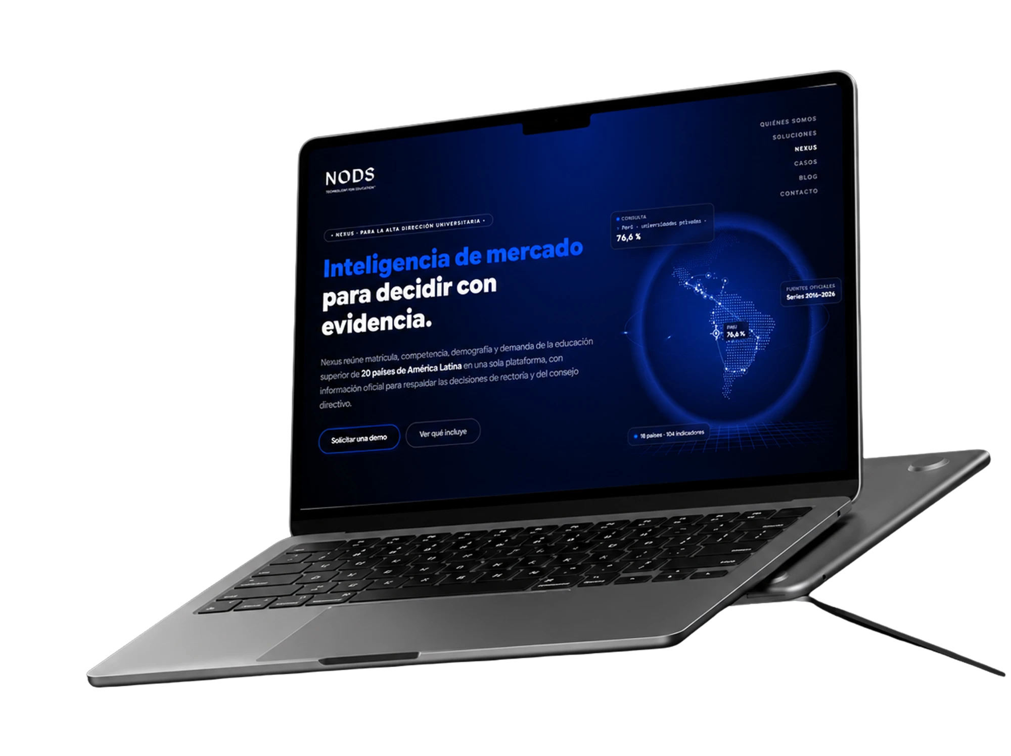 Laptop mostrando la plataforma Nexus: inteligencia de mercado para decidir con evidencia, con el mapa de América Latina y 18 países con 104 indicadores